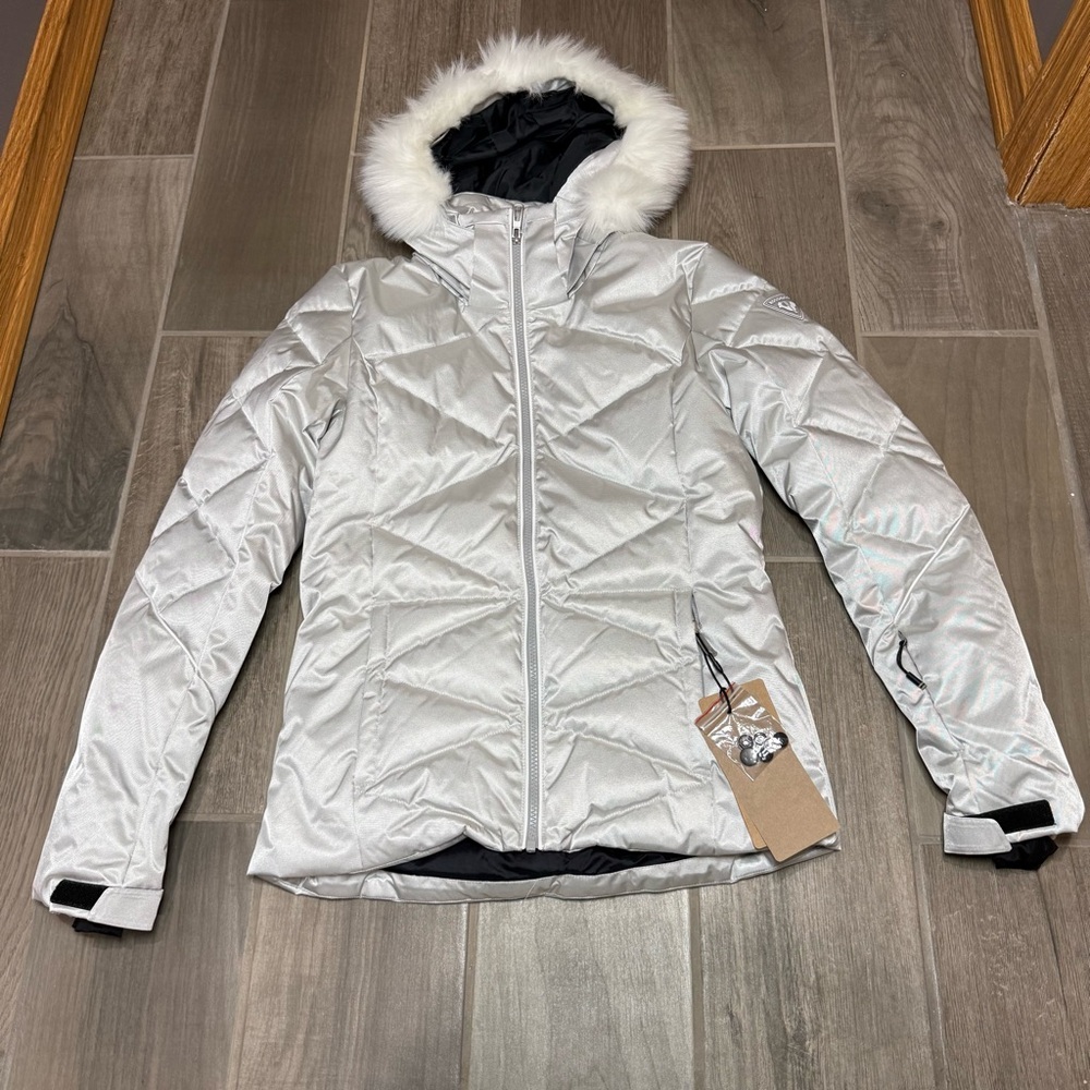 Rossignol Women’s Size Small Staci Metallic Ski Jacket Silver Faux Fur Hood NWT